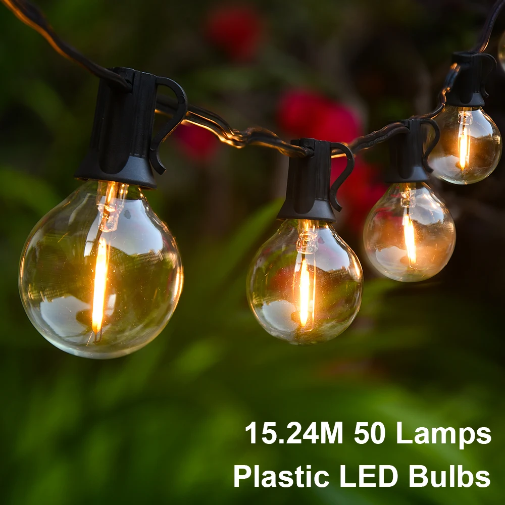 

Outdoor Light String 18M LED G40 String Lights Plastic Bulb Christmas Garden Patio Fairy Lights Garland Wedding Holiday Decorate