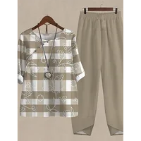 Summer 2 Piece Set Women Loose Short Sleeve Shirt Top High Waist Pants Flower Print Outfits Ladies Elegant Vintage Suit Fall - Image 4