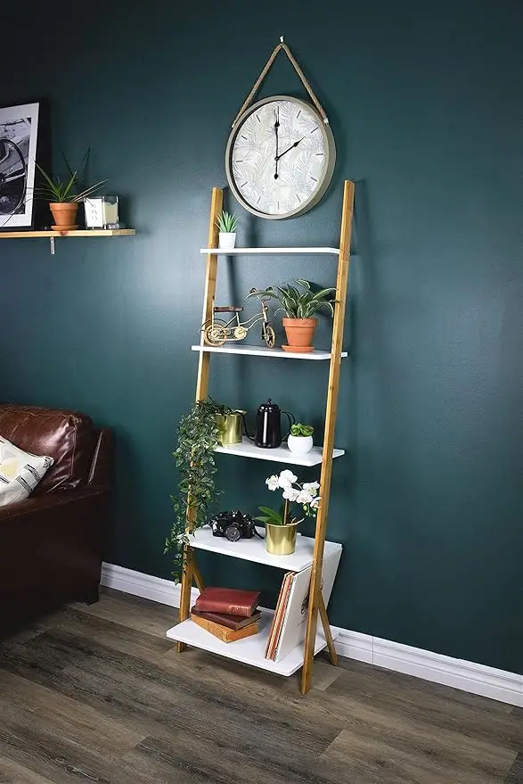 5-Tier Bamboo Ladder Shelf - Leaning Wall Design - Multi-Purpose Storage for Indoor/Outdoor - White Finish - Space-Saving Displa 6