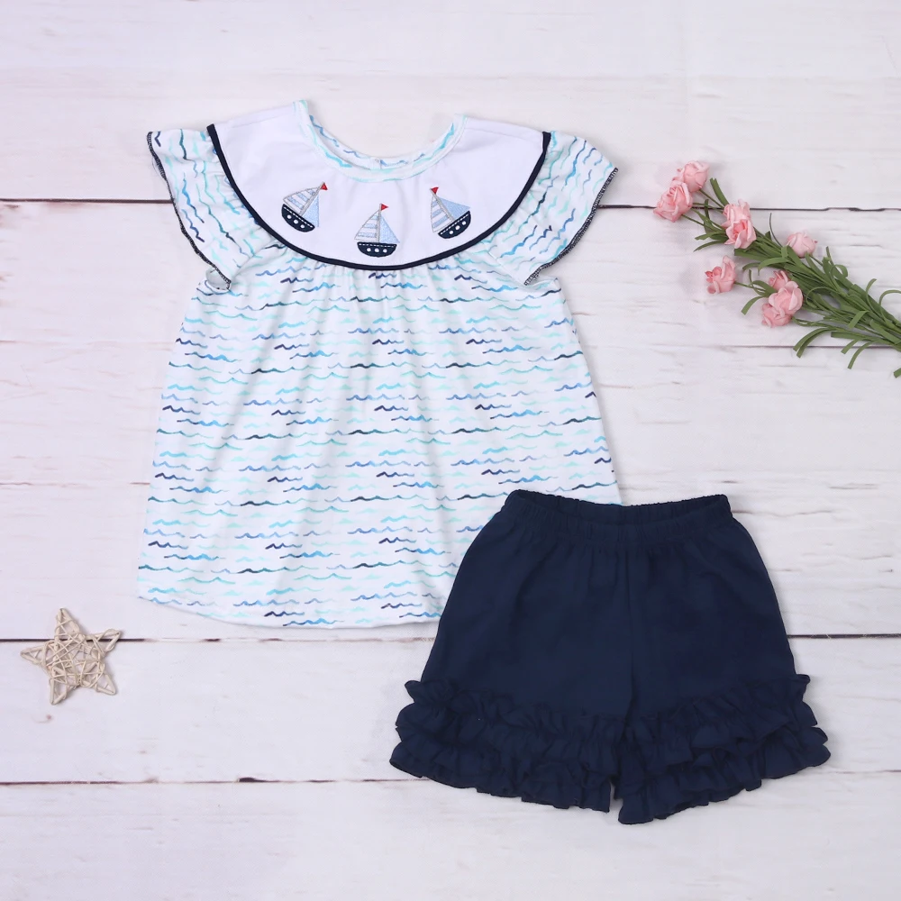 

Baby New Kids Cotton Sleeveless Blue T-shirt Set Round Neck Boat Embroidery Girl Top Clothes And Navy Blue Pleated Shorts Suit