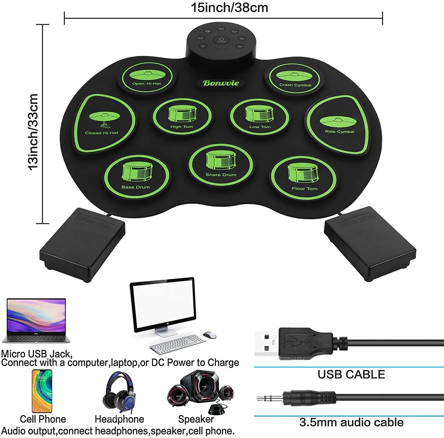 Batteria Elettronica Arrotolabile - 9 Pad, Con Bastoncini E Pedale, USB, Per Principianti E Bambini