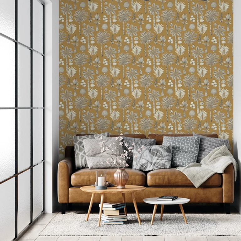 Franch Lush Tropical Palms Wallpaper, ilustração botânica