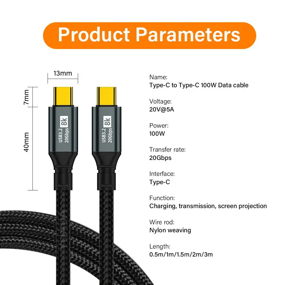 High-Speed 100W USB-C to USB-C Nylon Braided Cable with 8K Video Output