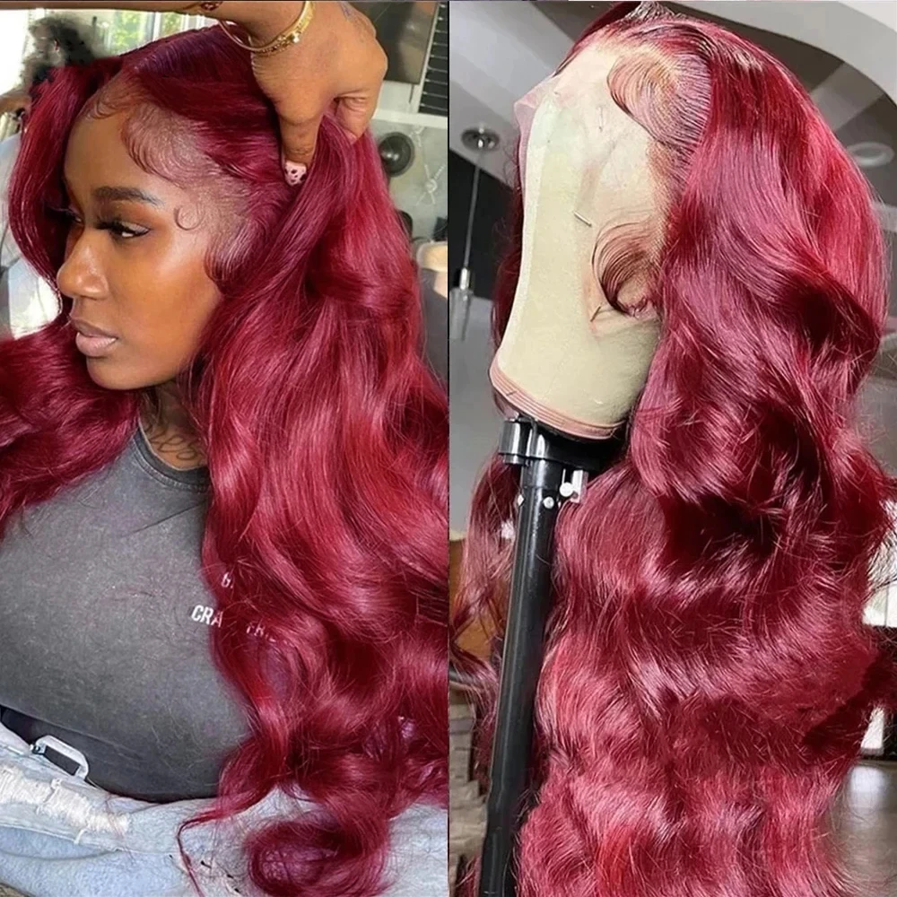 99J Invisible-Strap 360 Full Lace Wig Human Hair Pre Plucked Body Wave 36 Inches 250 Density Burgundy HD 360 Lace Frontal Wig