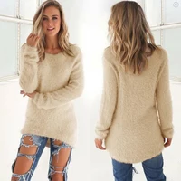 Femmes coton chaud tricoté pull couleur unie col rond pull ample Long pull décontracté surdimensionné Blouse dames Hipster vêtements 2