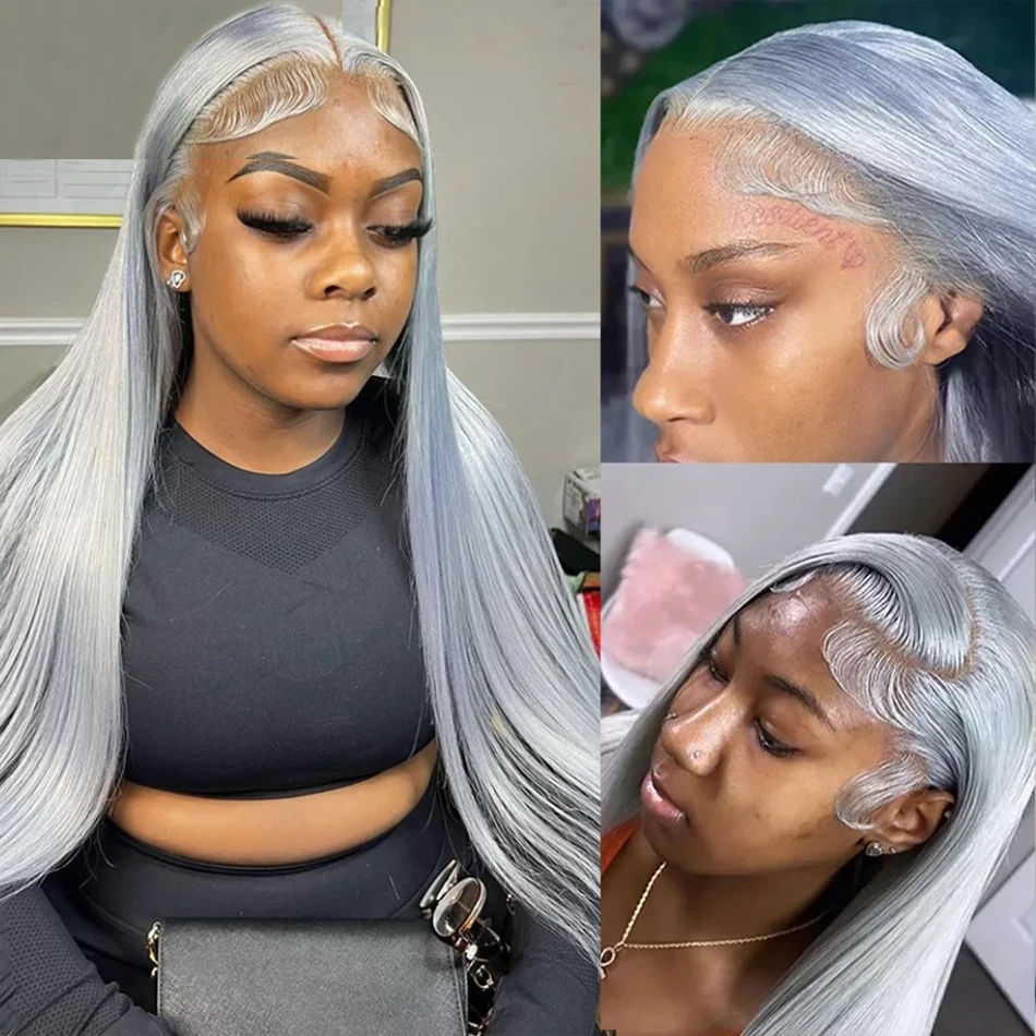 Silver Grey Straight Lace Front Wig 100% Human Hair 613 Colored HD Transparent Lace Frontal Wigs for Women Bleached Pre Plucked - Image 3