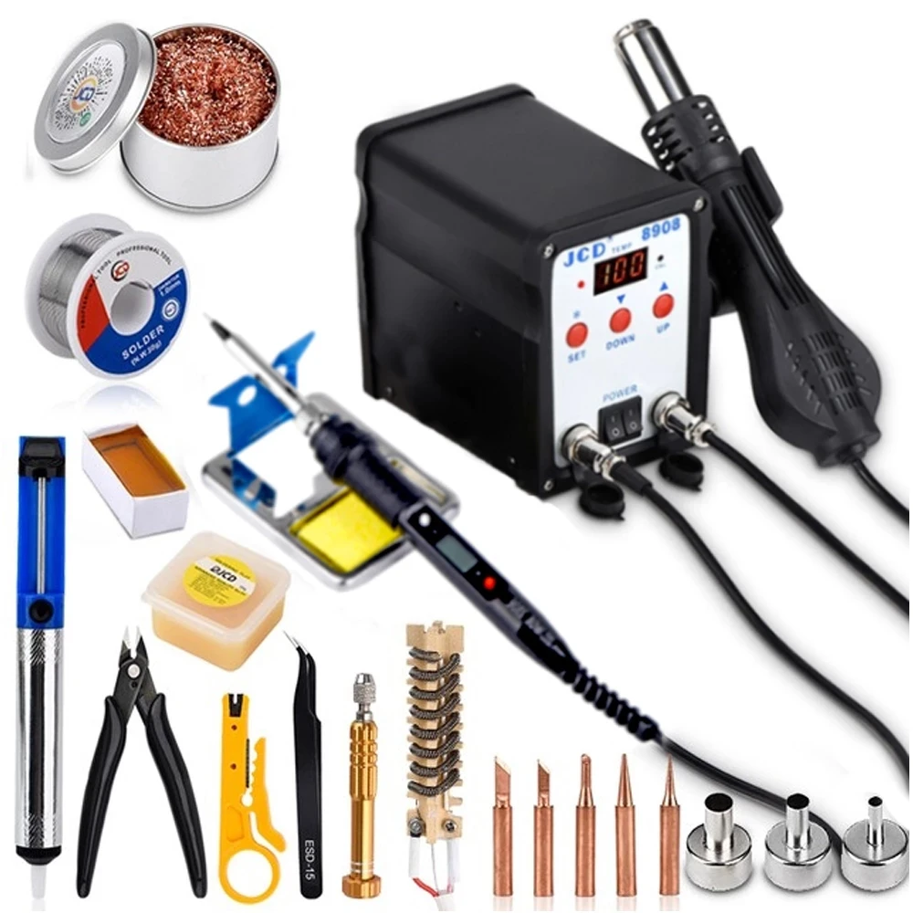 QHTITEC 750W  Soldering Station 2 in 1 Welding Repair Soldering Iron With Hot Air Gun SMD BGA Rework LCD Digital Station 8908