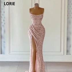 LORIE Mermaid Evening Dresses Pink Sequined Prom Gowns Long Formal Side Split Party Saudi Arabia Celebrity Dresses Plus Size