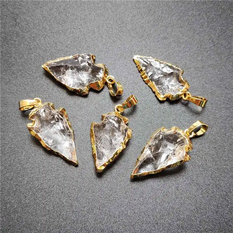 FUWO Wholesale Natural Clear Quartz Arrowhead Pendant,Golden Plated Hand Carved Crystal Accessories For Jewelry Make 5Pcs PD168 2
