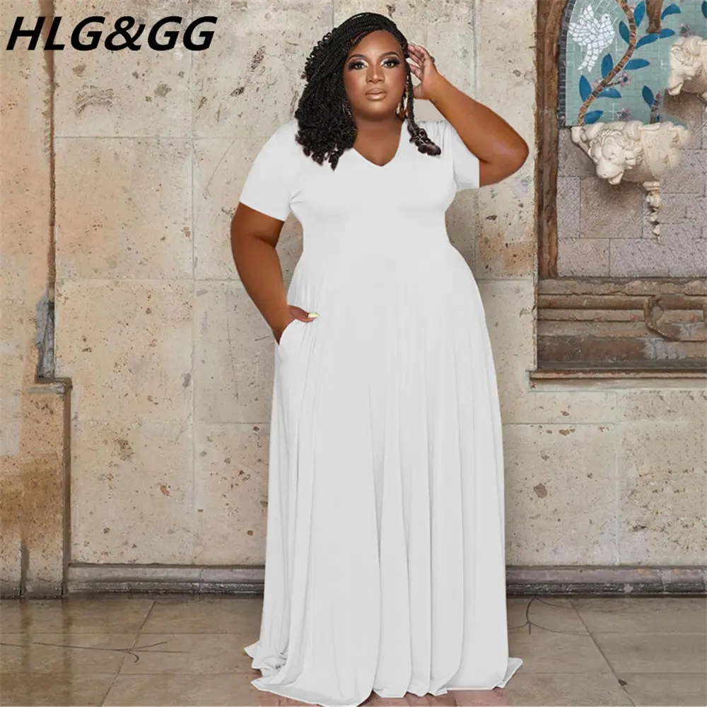 FAGADOER Elegant Solid Plus Size Dress XL-5XL Women Short Sleeve A-Line  Long Dress Fashion Casual Clothing Streetwear Robe 2022