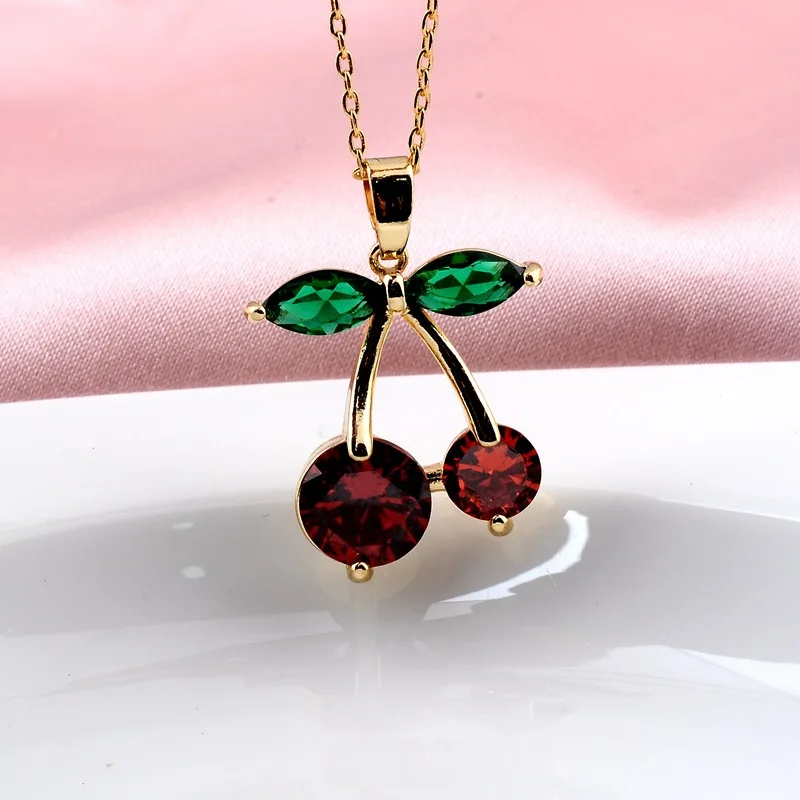 Cherry Pendant Necklace With Red Zircon And Elegant Korean Style_voghion.com
