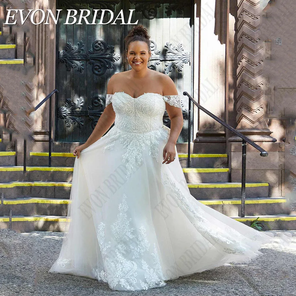 

EVON BRIDAL Oversize Wedding Dress Off Shoulder Sweetheart A-Line Vestidos De Novia Applique Button Back Tulle Bride Gowns