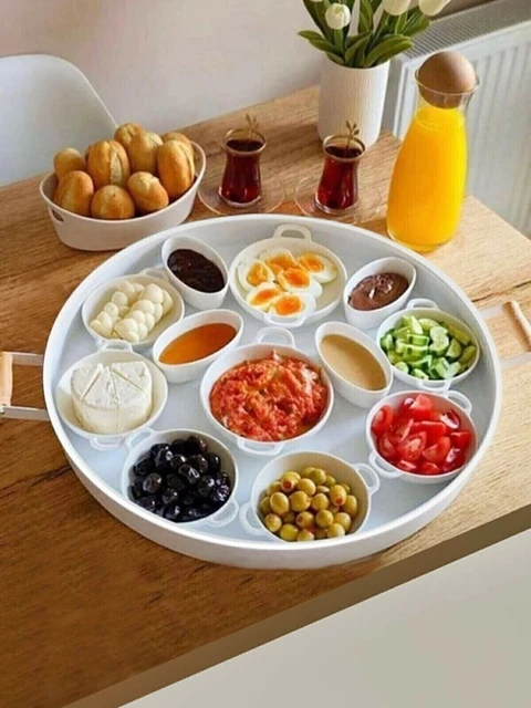 Plateau de petit déjeuner rond polyvalent créatif manche en bois plateau de  rangement de cuisine blanc rond pour petit déjeuner thé café - AliExpress