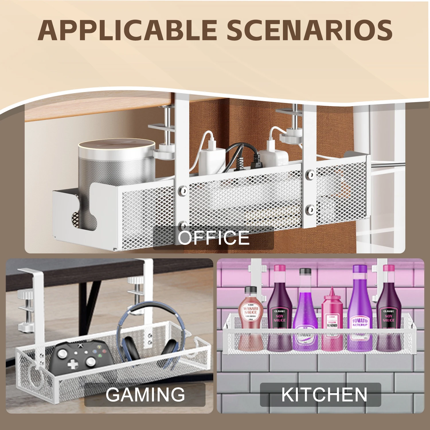 Description Picture 4 of itemUnder Desk Shelf Basket Organizer Kitchen Storage Cabinet No Drilling Extendable Under-desk Cable Management Rack Adjustable