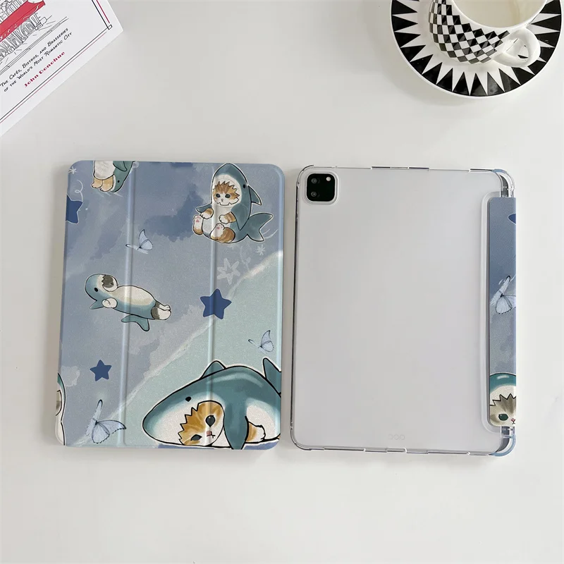 Adorable Cat Shark-Themed Tablet Case with Sleep/Wake Function
