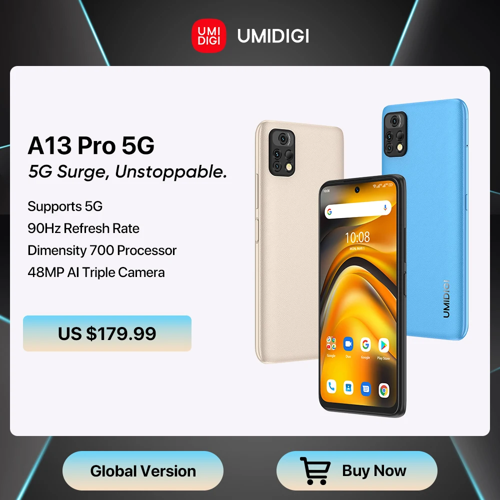 

In Stock UMIDIGI A13 Pro 5G Phone Android Smartphone Dimensity 700 90Hz 6.5'' FHD+ Display 8GB 128GB 48MP Triple Camera 5150mAh