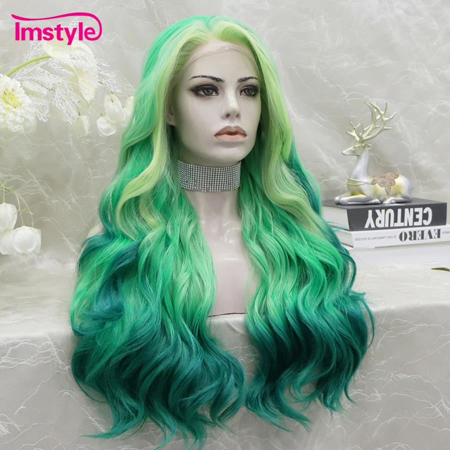 Imstyle Green Wig Long Synthetic Lace Front Wig Wavy Ombre Wigs Women Heat Resistant Fiber Highlight Cosplay synthetic wig