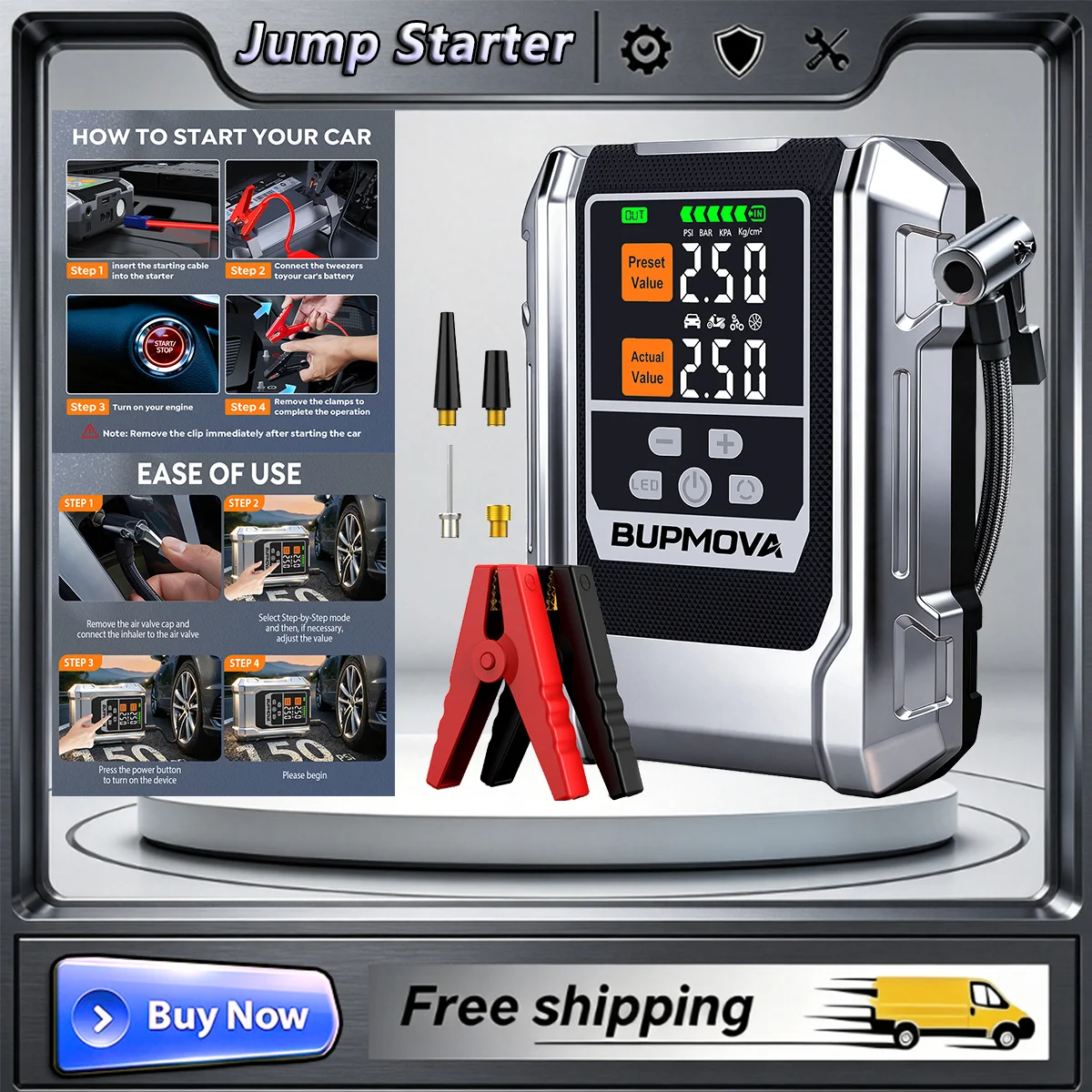 Démarreur de secours 2-en-1 3000A avec compresseur d'air 150PSI, batterie externe portable 21800mAh, chargeur de batterie de voiture portable pour tous les moteurs à essence et diesel 14.0L 1