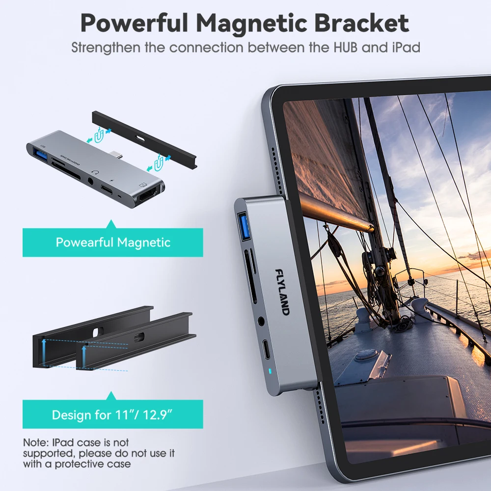 Flyland 6-in-1 USB Hub for iPad Pro 4K HDMI-compatible Type C Adapter Magnetic Holder 60W PD USB 3.0 Dongle usb hub adapter usb port adaptor usb hub converter