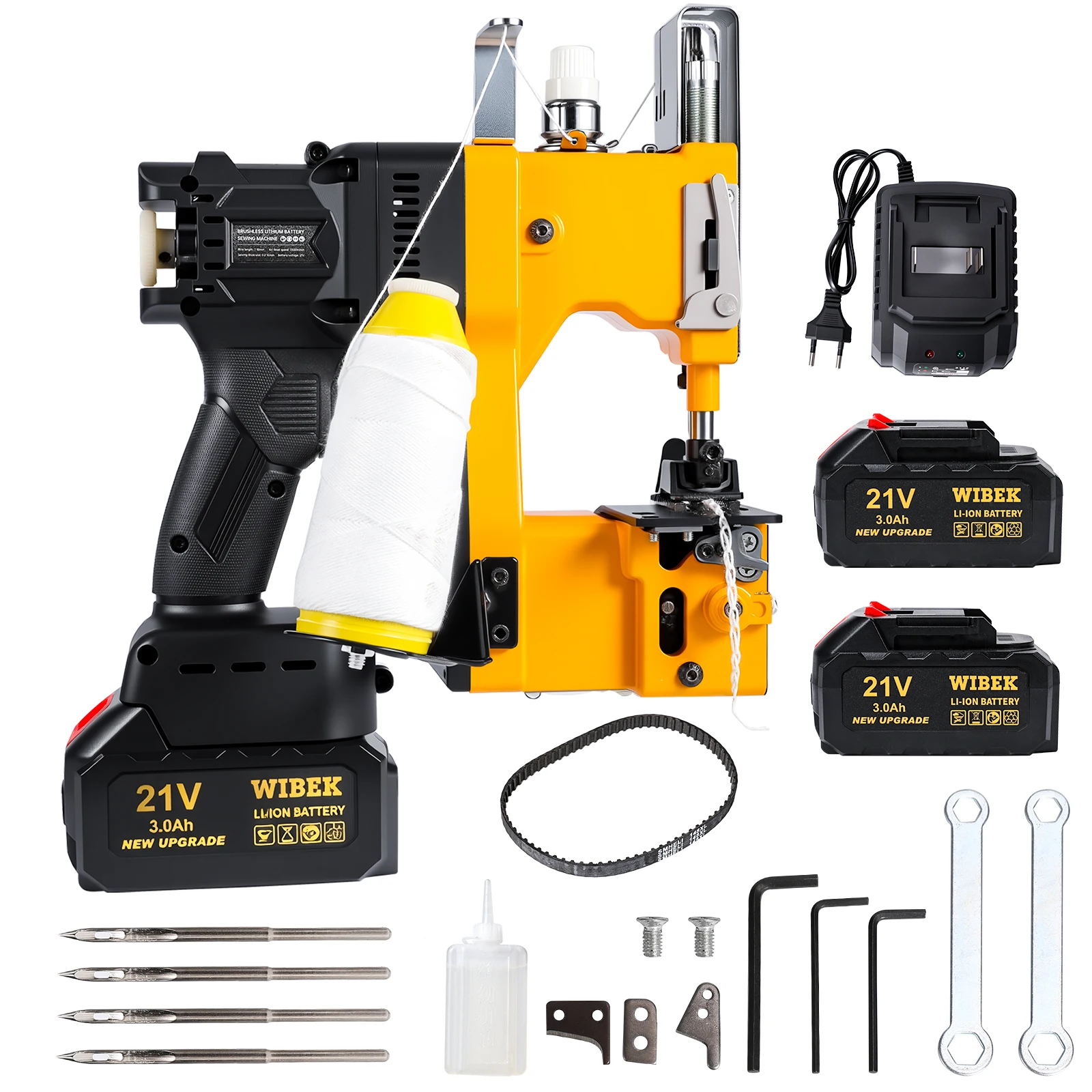 Macchina da cucire elettrica a batteria 21V, sigillatrice portatile ad alta velocità 14800 RPM con 2 batterie, spaziatura ago 7-11mm per sacchi tessuti, sacchi per mangimi, strumento per imballaggio industriale