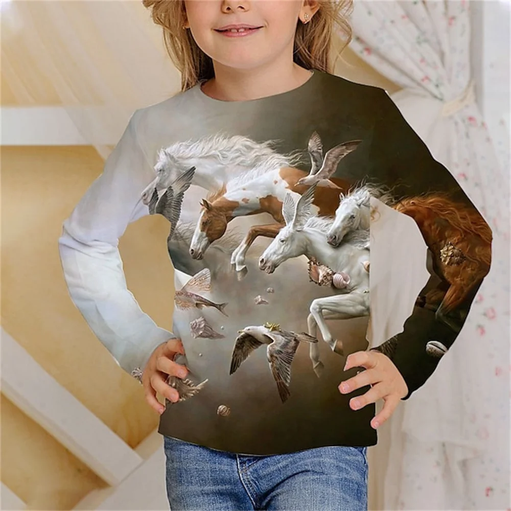 Horse Print 3d Teen Girl Clothes From 8 To 10 Years Kids One Piece T-Shirt Long Sleeve Boy Child Clothing Polyester Tops 2023