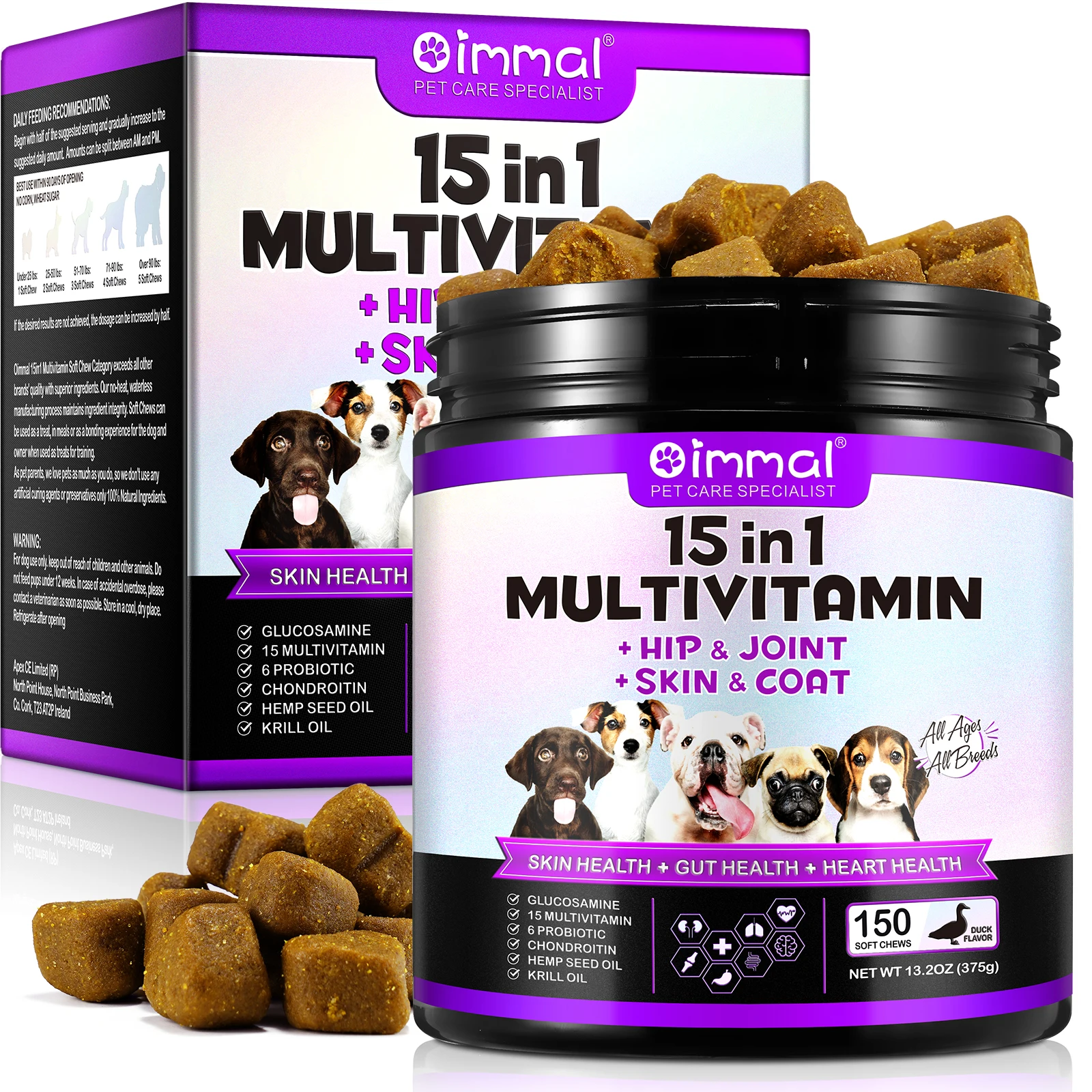 15-in-1 Multivitamin Supplements 150 Chews Hip & Joint Support Skin Gut Heart Health with Duck Flavor for All Dogs pet nutrition supplement pet multivitamin supplements