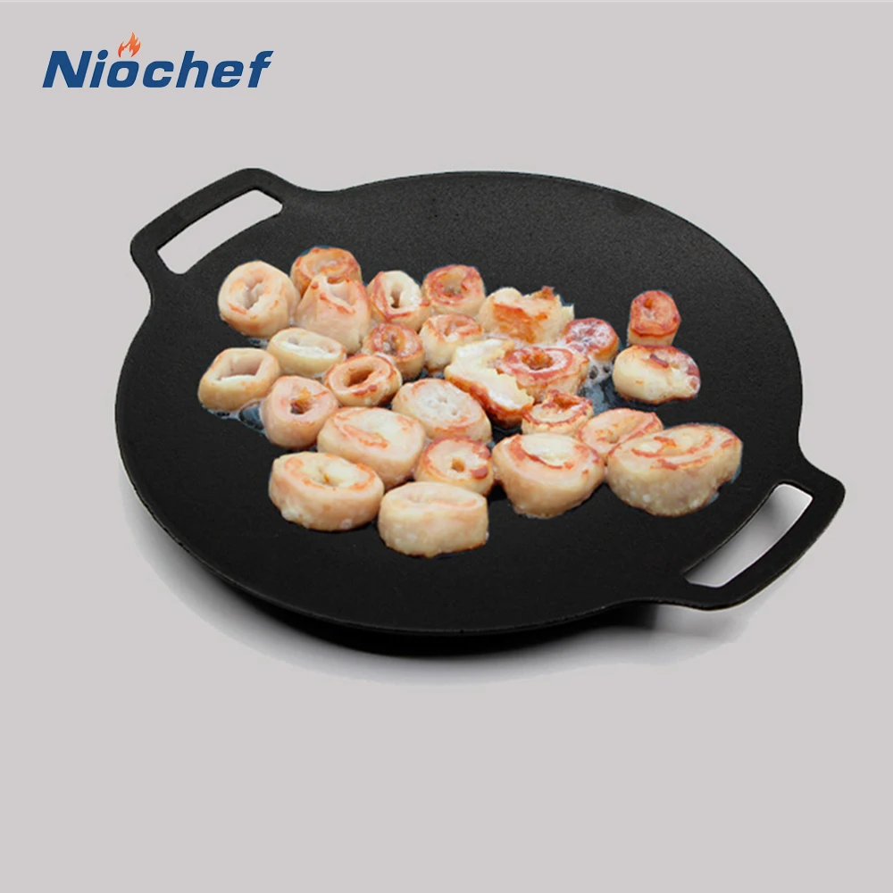 Cast Iron Double Wooden Handle Flat Single Bottom Shallow Frying Pan  Pancake Anti-scalding Hand Barbecue Fish Plate Cooking Tool - AliExpress