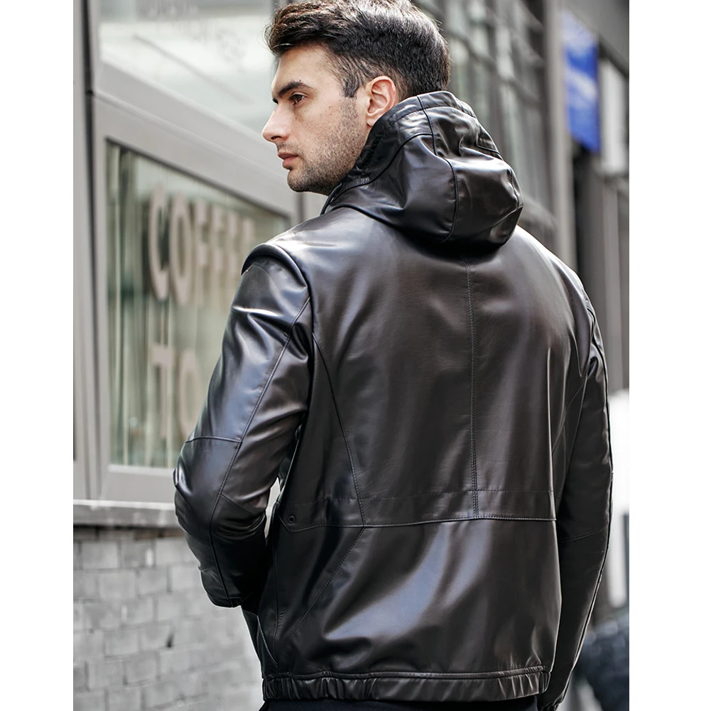 Denny&Dora Mens Cowhide Jacket Black Leather Jacket Hooded Short