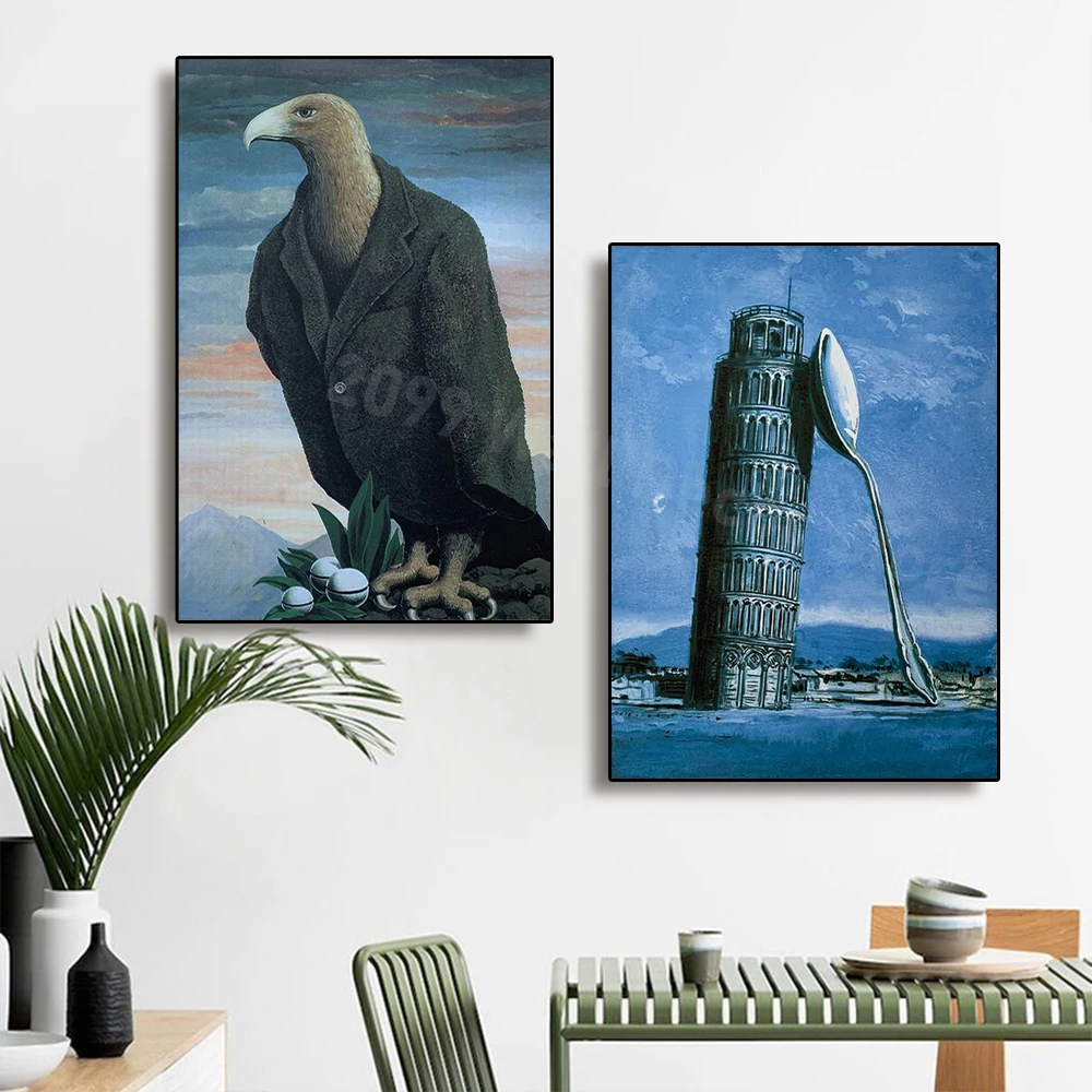 

Classic Blue Leaning Tower Poster Wearing Bird Pattern in Suit Printed Canvas Painting Wall Art Living Room Home Decoration Gift