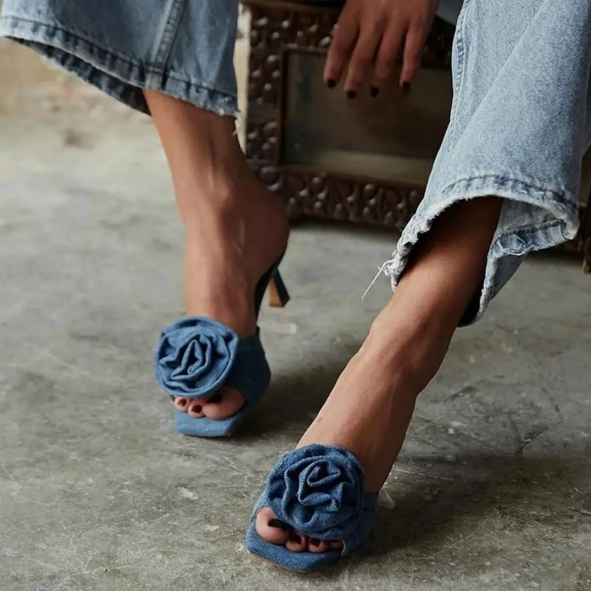 Brice Inner Genuine Leather Outer Jeans Quality Faux Suede Thin Heeled Floral Patterned Slippers Black Blue Denim Color
