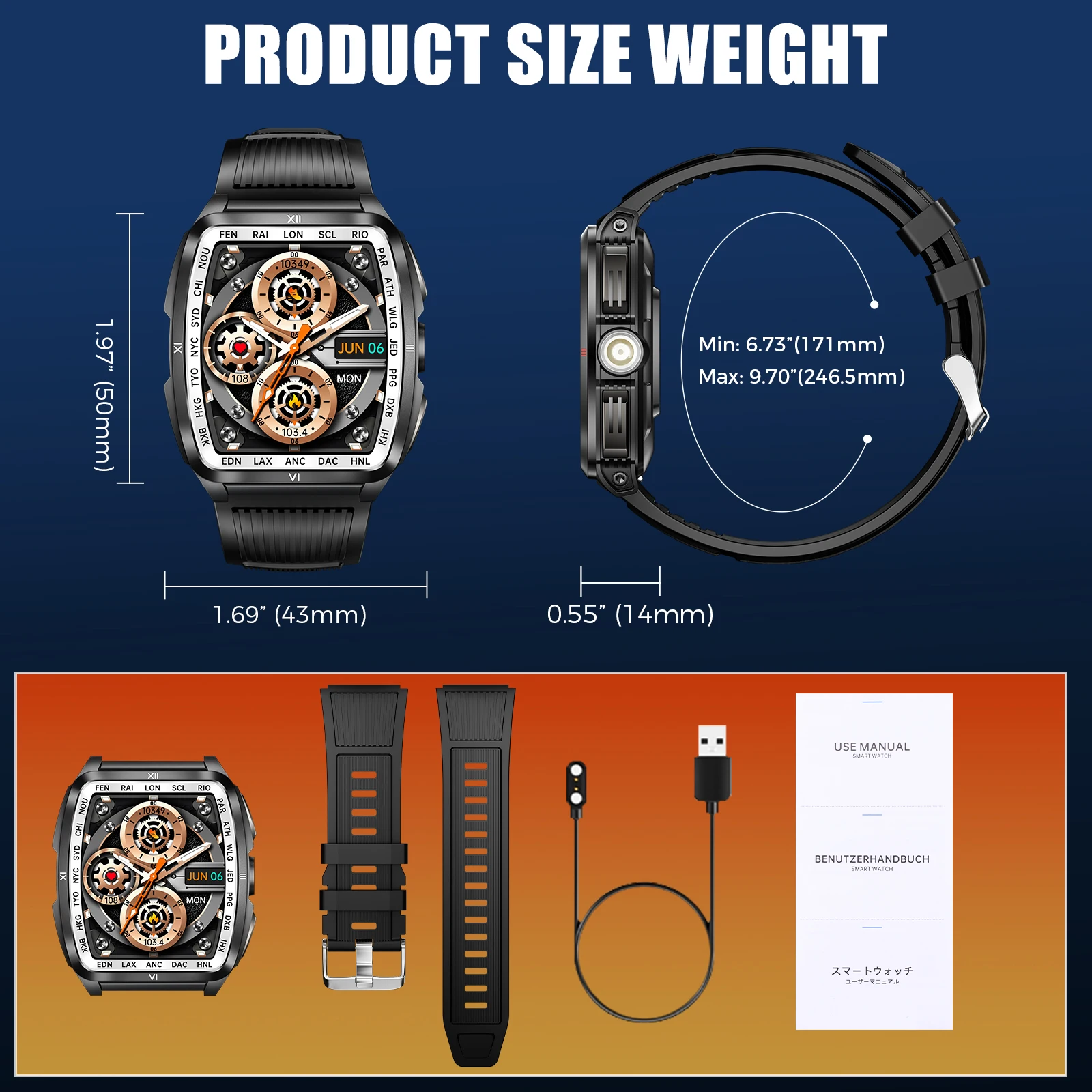 LaNikar New Military Smart Watch for Men1.8'' HD Barrel Screen 50M Waterproof LED Flashlight Fitness Tracker Heart Rate Monitor 6