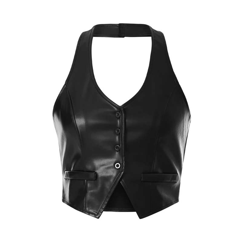 y2k PU Leather Vest Vintage Aesthetic Women V Neck Sleeveless Button Tank Tops 2000s Dark Academia Tshirt Waistcoat