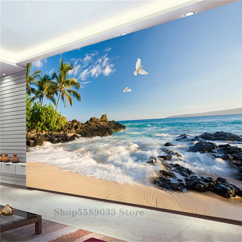 Clear Sky Seaside Resort Panoramic Wall Mural Large Size Custom Decorative Wallpaper Corridor Sofa Background TV Backdrop Home image pic