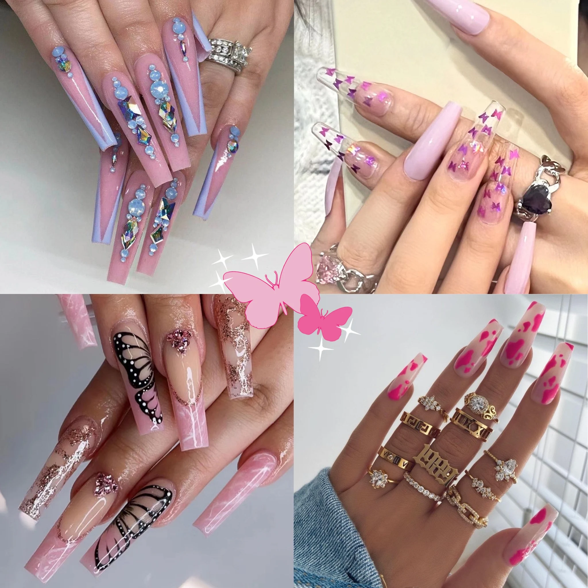 24pcs Pink Y2k Baddie Rhinestone Butterfly Trendy Nail Art Long Coffin  Press On Ballerina Acrylic Glue On Fake Nails 2022 - False Nails -  AliExpress