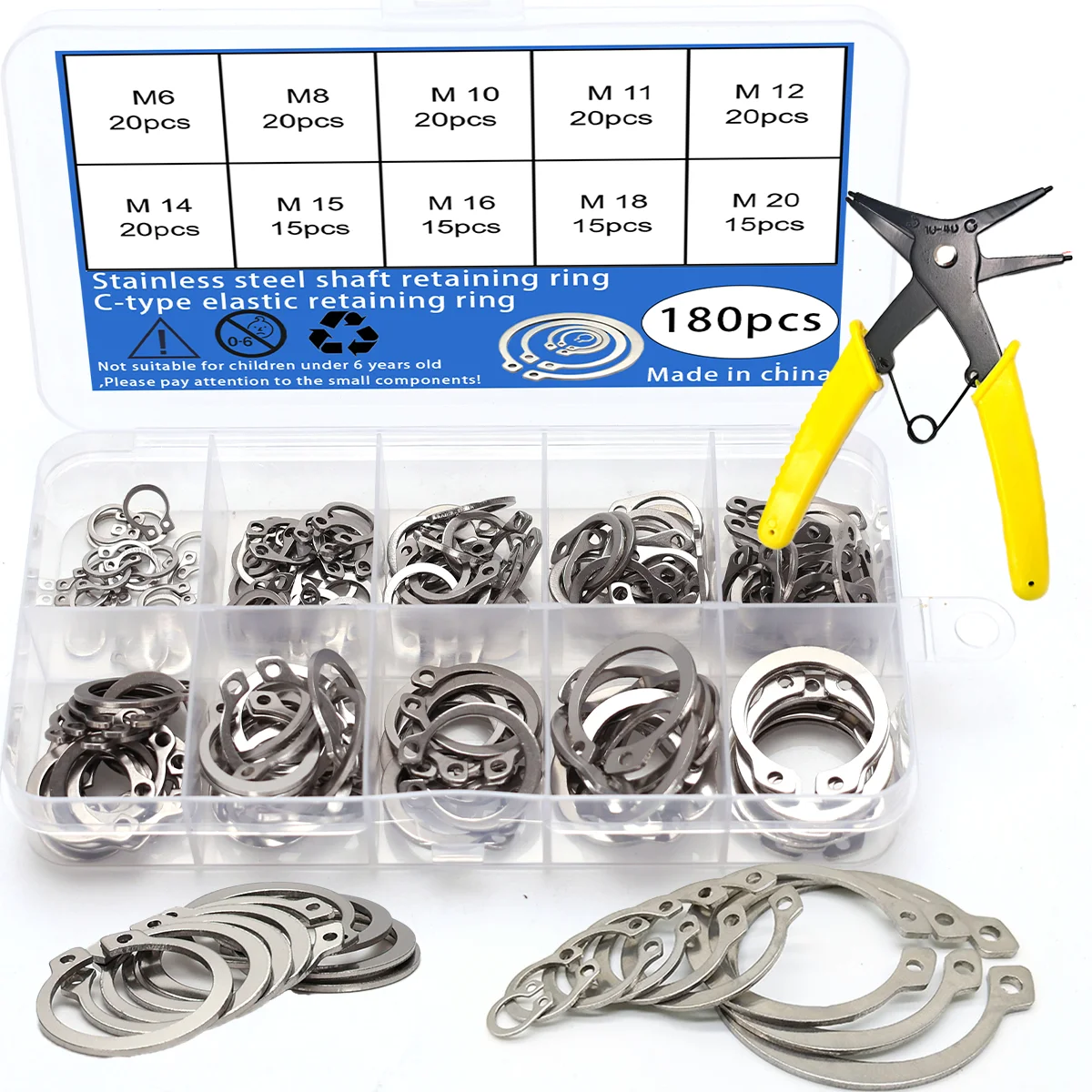 Kit de 180 pièces d'anneaux de retenue extérieurs en acier inoxydable, anneaux de retenue de type C et anneaux de retenue, pinces à anneaux de retenue, anneaux de retenue SUS/Type C 1 Kit de 180 pièces d'anneaux de retenue extérieurs en acier inoxydable, anneaux de retenue de type C et anneaux de retenue, pinces à anneaux de retenue, anneaux de retenue SUS/Type C 1