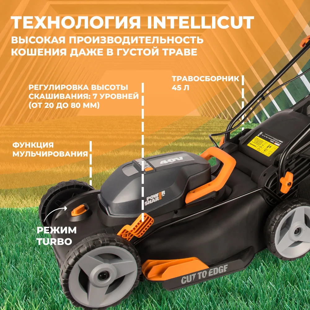 Газонокосилка аккумуляторная WORX WG743E, 40см, 40В, АКБ x2 4А*ч .