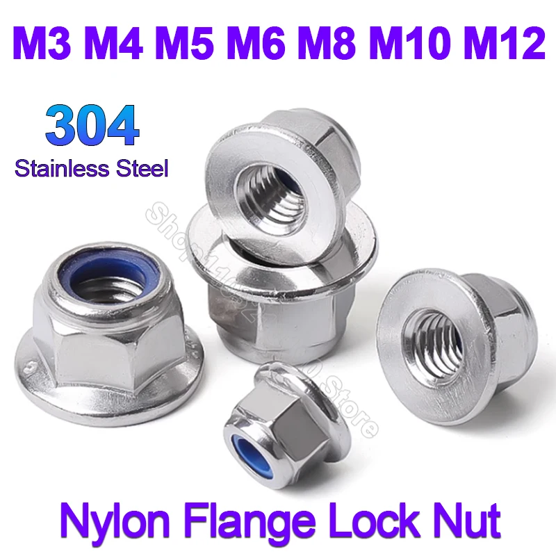 

2/5/10pcs M3 M4 M5 M6 M8 M10 M12 304 A2 Stainless Steel Flange Nylon Insert Lock Nut Self-locking Nylock Locknut DIN6926