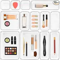 13-Piece Drawer Organizer Set, Plastic Storage Bins with Non-Slip Pads, Clear Desk Storage Trays for Makeup, Jewelry 1
