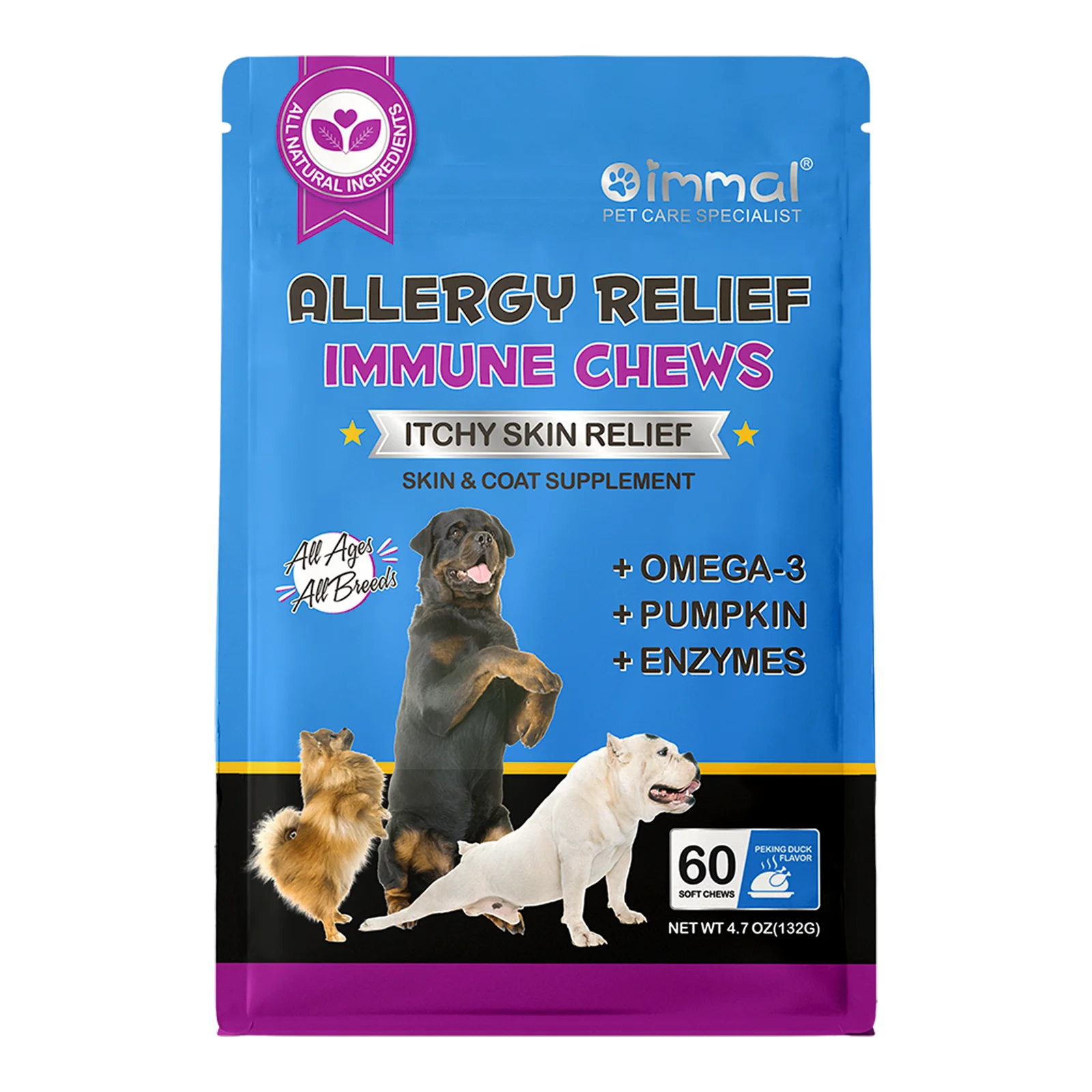 Dog Allergy Relief Chews Anti-Itch Skin & Coat Supplement Omega 3 60 Relief Treatment Pills Pumpkin Enzymes Peking Duck Flavor
