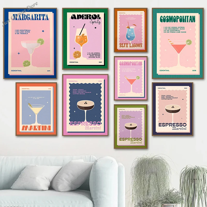 Cocktail Aperol Spritz Espresso Martini Drinks Vintage Wall Art Canvas Painting Nordic Poster Print Bar Living Room Decor