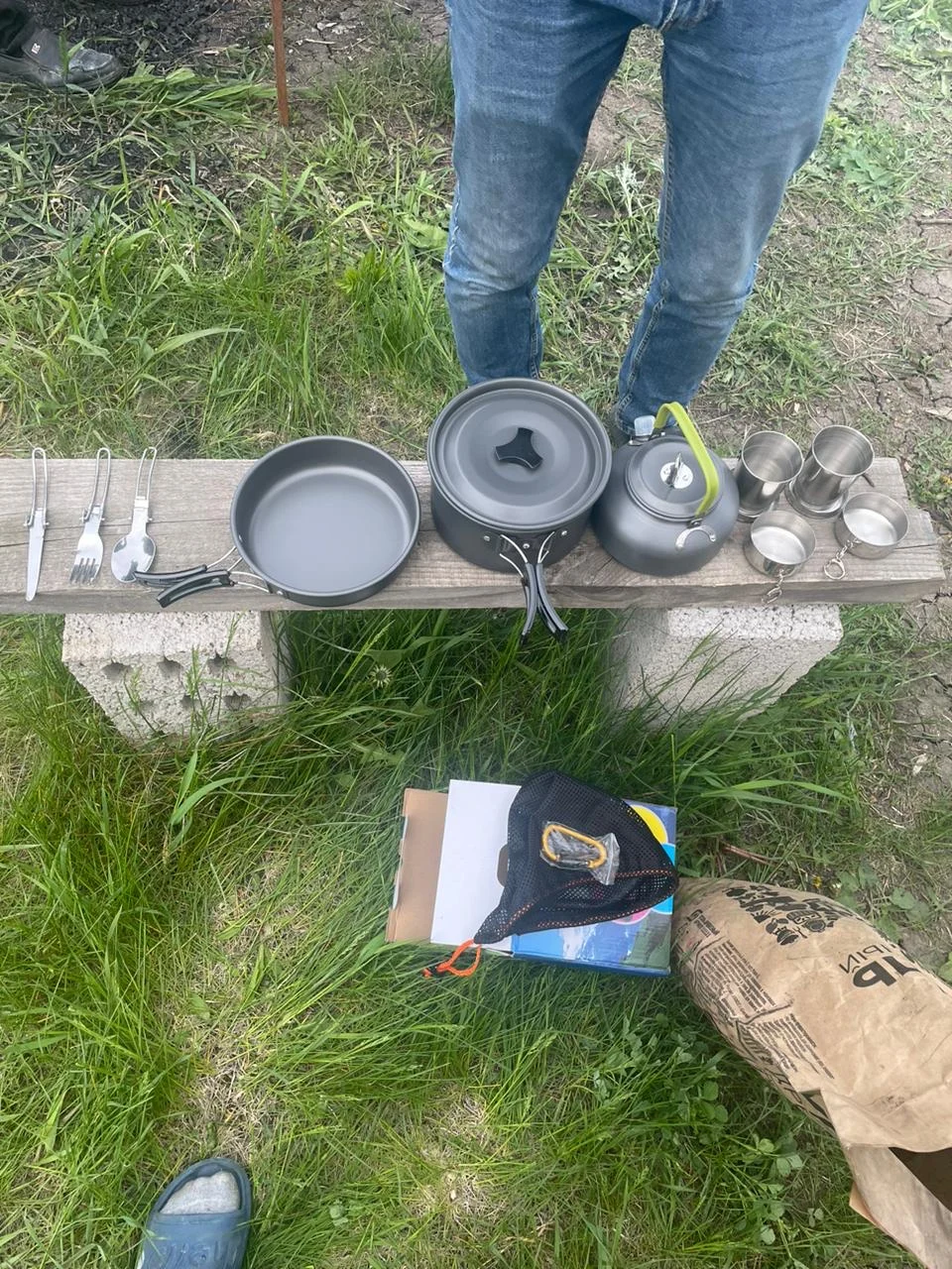1 Set Outdoor Pots Pans Camping Cookware Picnic Cooking Set Non-stick Tableware With Foldable Spoon Fork Knife Kettle Cup photo review