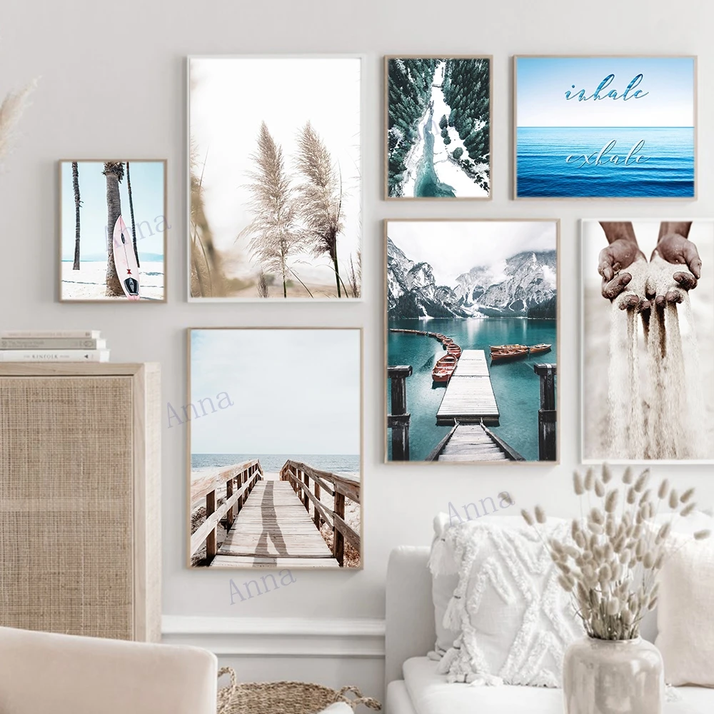 

Nordic Aurora Lake River Snow Mountain Canvas Print Painting Reeds Grass Sand Hand Boat Landscape Poster Picture Home Decor