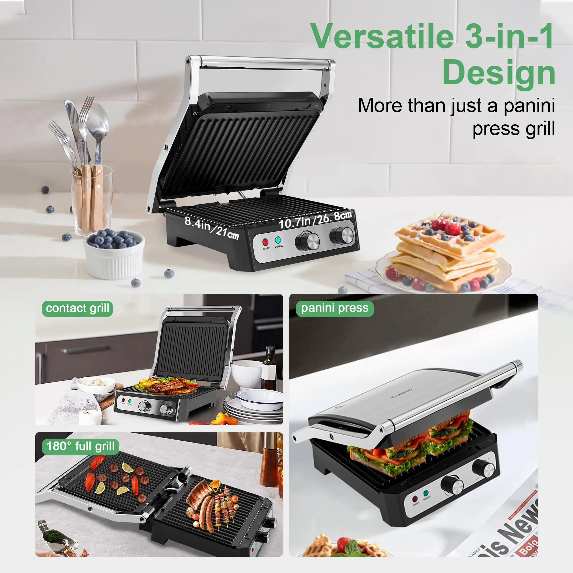 Electric Panini Press Sandwich Maker, 1500W Indoor Grill with Non-Stick Coated Plates, Temperature Control & Removable Drip Tray 6