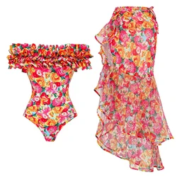 2024 New Detachable Double Shoulder Strap With Ruffles One Piece Swimsuit Set Summer Women Beachwear Luxury Bathing Suit