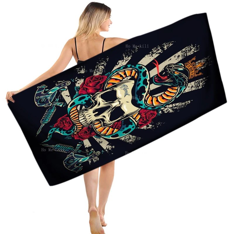 Magical Background Traditional Old School Snake Tattoo Skull Rose Howling  Tigers Vintage Soft Quick Drying Towel By Ho Me Lili