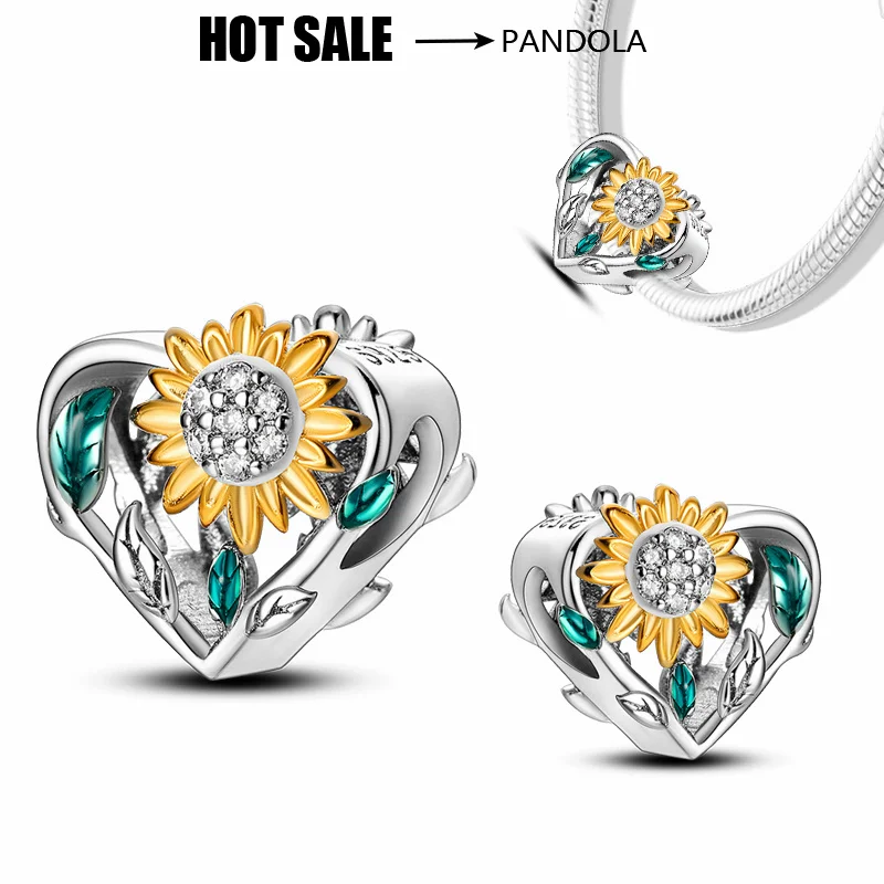 

925 Silver Mother's Day Sunflower Heart Bead Charm Bead Suitable for Pandora Original Ladies DIY Bracelet Exquisite Jewelry Gift