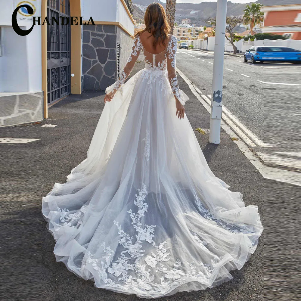 

CHANDELA Vintage Wedding Dresses Long Sleeves Scoop Court Train Appliques Bridal Gown Suknia slubna Customised For Women