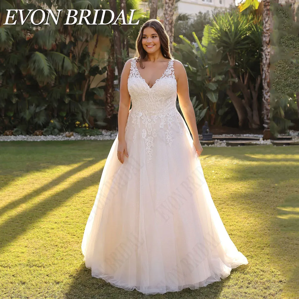 

EVON BRIDAL Civil Lace Wedding Dress Plus Size A-Line Double V-Neck Sleeveless Bride Gown Applique Custom Made Robe De Mariée