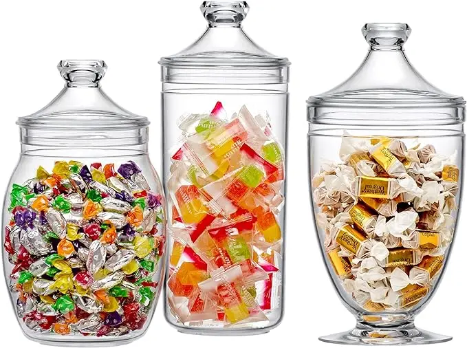 Plastic Apothecary Jars, 3-Piece Set (52/46/46 oz), Acrylic Jars with Lids, Bathroom Canisters, Candy Buffet, Wedding Display 4