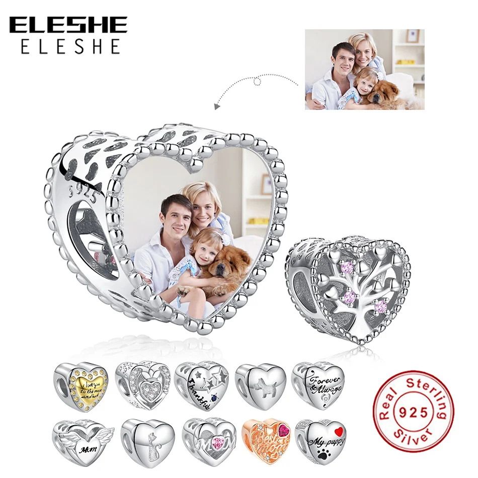

ELESHE 925 Sterling Silver Custom Photo Charms Family Tree of Love Pet Dog Cat Heart Bead Fit Original Bracelets DIY Jewelry